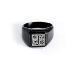 Black IP Plated Stainless Steel Letter J Alphabet Initial Floral Box Monogram Engraved Square Flat Top Biker Style Polished Ring, Size 10.5