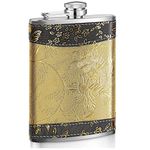 AUGEN Hip Flask Stainless Steel Leak Proof Gold Design Leather Stiched 8oz (230ml) Liquor Pocket Flasks or Alcoholic Beverage Holder