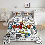 Gamer Comforter Set Computer Gaming Joysticks Bedding Set for Boys Teens Girls Kids Colorful Graffiti Gamepad Headphone Comforter Bedroom Decor Retro Arcade Game Machine Duvet Set Full Size Quilt Set