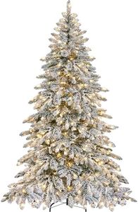 Yaheetech 6ft Pre-Lit Artificial Christmas Tree with 400 Warm White LED Lights & 940 PVC Tips,Hinged Snow Flocked Xmas Tree with Foldable Stand & Protective Foot Caps,Green & White