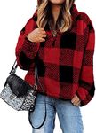 BTFBM Women Sherpa Pullover Quarter Zip Long Sleeve Fluffy Soft Fleece Jackets Sweaters Sweatshirts Hoodies Outwear Coat (Plaid Red, XX-Large)