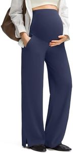 G4Free Maternity Dress Pants Wide Leg with Pockets Over The Belly Pregnancy Yoga Trousers Casual Lounge(Dark Navy,S,Petite)