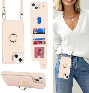 Lipvina for iPhone 14 Case with Card Holder for Women,iPhone 14 Phone Case with Strap,Crossbody Lanyard,Ring Stand,Snap Clasp,Cute Wallet Cases 6.1 inch (Beige)
