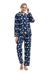 GLOBAL Women's Pyjama Sets 100% Cotton Flannel Ladies PJs Button Front Top Drawstring Bottoms Blue Feathers,L