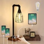 Vintage Table Lamp with Bulb, 3-Way Dimmable Touch Control Vintage Desk Lamp with AC Outlet and Dual USB Ports, Black Metal Wire Cage Design for Bedroom, Living Room