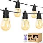 LED Outdoor String Lights Waterproof - 50Ft Patio Lights 20 Shatterproof 2700K S14 Bulbs, Dimmable Outside Lights with Remote Control, Hanging Outdoor Lights for Patio Party Porch Gazebo Garden