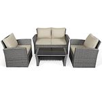 COSTWAY 4 Pieces Patio Rattan Furniture Set, Outdoor Wicker Sofa Set with Tempered Glass Coffee Table, Cushions, All Weather Rattan Conversation Set for Yard Balcony Backyard Pool, Khaki