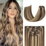 Clip in Hair Extensions Real Human Hair 70G Medium Brown/Dark Blonde 100% Remy Human Hair Highlight Clip in Hair Extensions 7pcs 16clips (15 Inch #4P27)