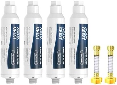 AQUA CREST RV Water Filter, RV Inline Hose Water Filter, Garden and Camper Water Filter, NSF Certified, Greatly Reduces Chlorine, Bad Taste, Odor, 4 Pack with 2 Hose Protector