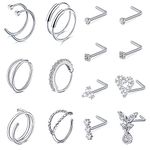 Rajnard 16PCS 316L Surgical Steel Nose Ring Studs 20G Silver L-Shape Nose Screw Nose Hoop Rings for Women Girls Stainless Steel Nostril Piercing Jewelry