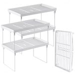 NiHome 4-Pack Stackable Plastic Kitchen Storage Shelf Foldable Rack - White Kitchen Cabinet Organizer and Storage Shelves Stackable Expandable Storage Racks for Counter Cabinet Pantry