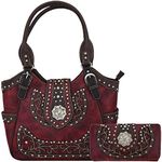 Western Style Rhinestone Concho West Concealed Carry Purse Country Handbag Women Shoulder Bag Wallet Set, Red Set, L