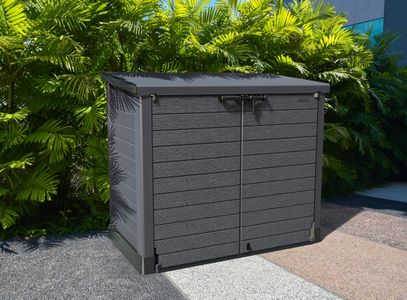 Duramax Cedargrain 1200L Plastic Garden Storage Shed – Grey, Flat Lid, Fits 2x 240L Bins, 145x85x125cm
