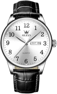 QBAIZI Black Leather Strap Watch for Men Silver,Casual White Mens Watches with Day and Date,Waterproof Round Men's Wrist Watches Large Face,Business Analog Quartz Dress Watch for Men Easy Read