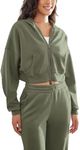 ODODOS Women's Modal Soft Full-Zip Cropped Hoodies with Pockets Long Sleeve Crop Casual Sweatshirts, Dark Sage, Large