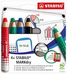 Whiteboard and Flipchart Markers - STABILO MARKdry - Pack of 4 - Assorted Colours with Sharpener + Wiping Cloth