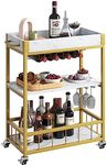 aboxoo Bar Cart White Marble 3 Tiers Removable Storage Tray with Wine Rack & Wine Glasses Holder,Rolling Beverage Mobile Bar Serving Cart with Handle Wood and Gold Steels Home Kitchen Shelf for Party