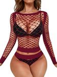 RSLOVE Women Sexy Mesh Lingerie Fishnet Babydoll Free Size Bodysuit See Through Shirts Long Sleeve Lingerie Wine Red One Size