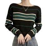 ICW Women's Knit Loose Fit Boat Neck Drop Shoulder Crop Top Pullover Sweater (ONE Size Fit Bust 32-36 INCH) (Black)