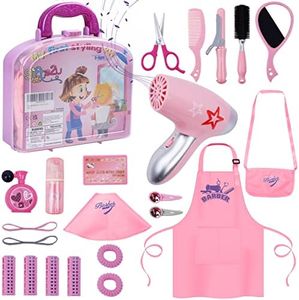 Gifts2U Girls Beauty Salon Set, 23 Pcs Kids Toy Kit Pretend Hair Styling Set for with Blow Dryer, Barber Costume Apron, Scissors and Stylist Accessories Pink (BE1938)