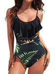 Women's One Piece Swimsuits Ruffle Scoop Neck Swimming Costumes Tummy Control Ruched Bathing Suit Strappy Backless Monokini(Floral,L)