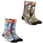 DYNAMOCKS Men's & Women's Polyester Blend, Nylon, Spandex & Elastic. Socks (Pack of 2) (Skulls + Dragon_Multicolored)