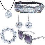 Omigga 5 Pieces 1970s Disco Accessories Disco Set Ball Earrings Necklace Bracelet Bling Headband and Sunglasses for Women, Silver 1, Polyester, Rhinestone