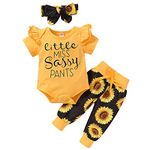 Geagodelia Baby Girl Clothing Outfit Set Newborn Toddler Sunflower Clothes Bodysuit Top + Pants Shorts + Headband Little Miss Sassy Pants 0-24M (3-6 Months, Yellow & Black 41A)