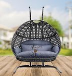 Hindoro Wrought Iron Rattan Wicker Double Seater Swing with Stand and Cushion for Outdoor Patio Balcony Garden Terrace Living Room Relaxing Chair, Powder Coated Furniture (Black with Grey)