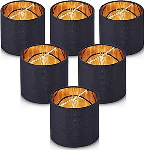 Wellmet Set of 6 Small Chandelier Lamp Shades, Natural Linen Drum Shades for Dining Room, Clip on Modern Chandelier Table Lamp, 5.5"x5.5"x4"(Black Gold)