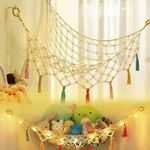 Waterlily House - Macrame Hanging Plush Toy Hammock with Wood Beads and Tassels Boho Storage for Nursery Playroom Kids Bedroom Baby Room Decor. (Multicolor)