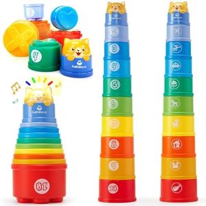hahaland Giochi Bambini 1 Anno - Cubi Impilati Montessori con Luci, Suoni, Numeri, Forme - Giocattolo Impilabile Bambino 6 9 12 18 Mesi, 10 Pezzi