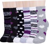 Plush Slipper Socks Women - Colorful Warm Fuzzy Crew Socks Cozy Soft 3 to 6 Pairs for Winter Indoor, Purple