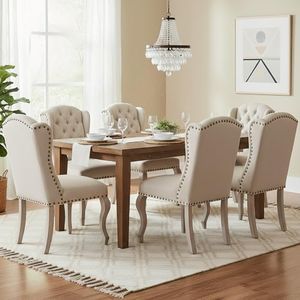 DM Furniture Linen Dining Chairs Set of 6, Farmhouse Dining Room Chairs with Tufted Wingback, Upholstered French Country Parsons Kitchen Chairs Side Accent Chair for Home/Restaurant, Cream