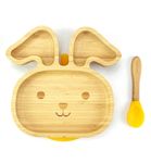 StarKiddo® 'Bamboo Bunny' Suction Plate with Feeding Spoon | 3 Sections | Super Strong Suction Cup | Ideal for Baby-Led Weaning & Toddler Self-Feeding | Natural Bamboo | BPA Free (Yellow)