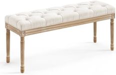 LUE BONA 44" Bedroom Bench, Vintage French Tufted End of Bed Bench, Upholstered Fabric Ottoman Bench with Carved Wood Legs for Bedroom,Dining Bench Piano Stool for Living Room,Foyer, Beige