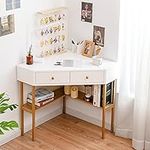 IFANNY Corner Desk with Drawers, 90 Degrees Triangle Desk w/Storage Shelves and Metal Frame, Corner Writing Desk, Corner Makeup Vanity Table, Small Corner Desks for Small Spaces (Gold)