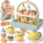 Atoylink 26PCS Wooden Tea Set Tea Party Set with Wooden Play Food Cupcake Stand Play Kitchen Accessories Role Play Wooden Toys Educational Toys Birthday Gifts for 2 3 4 5 6+ Years Old Girls Boys Kids