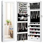 RELAX4LIFE Lockable Jewellery Cabinet, Wall/Door Mounted Mirrored Armoire with Adjustable Hanging Hook & Full-length Door, Powerful Cosmetics Makeup Organizer for Bedroom Dressing Room (White)