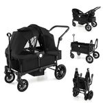 COSTWAY Stroller Wagon for 2 Kids, Push Pull Double Stroller with Adjustable Handle, Removable Canopy, Cup Holder, Food Tray, 3-Point Harness, Folding Camping Cart Trolley (Black)