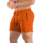 PIDOGYM Men's 5" Gym Workout Shorts,Fitted Jogging Short Pants for Bodybuilding Running Training with Zipper Pockets, Orange, Large