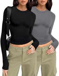 Zicozy 2 Pack Womens Long Sleeve Tops Crew Neck Thermal Shirts Slim Fit T Shirt Stretch Fitted Underscrubs Tee Shirts Tops Black Dark Grey