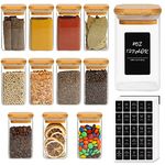 ComSaf 12 Pcs Glass Spice Jars with Bamboo Lids, 8oz/250ml Square Glass Storage Jars with 275 Black Lables, Airtight Spice Jars with Lids, Glass Container for Spice, Salt, Sugar, Seeds, Nuts etc