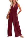 BLENCOT Rompers For Women Casual Wrap V Neck Wide Leg Backless Knitted Pleated Elegant Jumpsuit Summer Boho Overalls Pockets Burgundy Large