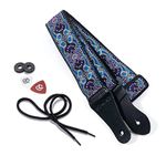 KLIQ Vintage Woven Guitar Strap for Acoustic and Electric Guitars + 2 Free Rubber Strap Locks, 2 Free Guitar Picks and 1 Free Lace | '60s Jacquard Weave Hootenanny Style | Blue & Violet Paisley