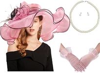 MS.ING Womens Kentucky Derby Hat,4PCs Fascinators for Women Tea Party Bridal Wedding Church Hat Set (Pink net Wide Brim)