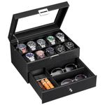 BEWISHOME Watch Box Organizer with Valet Drawer - Real Glass Top, Metal Hinge, Large Holder, Black Carbon Fiber Faux Leather - 10 Slots Watch Storage Case Jewelry Box for Men,Women SSH14C