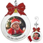 Baby's 1st Christmas Dated Photo Ornament with a 2024 Charm - Shaped Like a Bulb with White Glitter and A Red Bow Design - Gift/Storage Bag Included