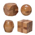 Mini Wood Brain Teaser Set of Four-Classic Designed Light Wood Stain - Wooden Brainteaser Puzzles & Fun Gifts