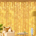 Ollny Christmas Curtain Fairy Lights, 200 LED 2m x 2m USB String Light Indoor Outdoor Waterproof Warm White Hanging Window Lights with Hooks, Bedroom/Outside/Wall/Door/House/Garden Xmas Decorations